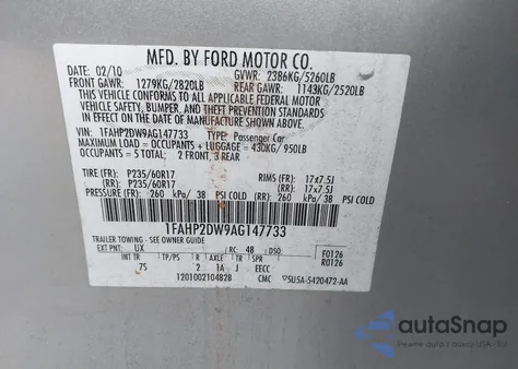 2010 Ford Taurus Se from USA, damaged, VIN 1FAHP2DW9AG147733